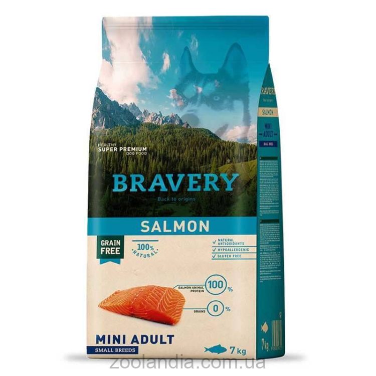 Bravery (Бравери) Salmon Adult Mini - Сухой беззерновой корм с лососем для взрослых собак малых пород