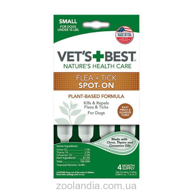 Vet`s Best (Ветс Бест) Flea&Tick Spot On Tubes Small - Средство от блох и клещей для собак, 4 пипетки