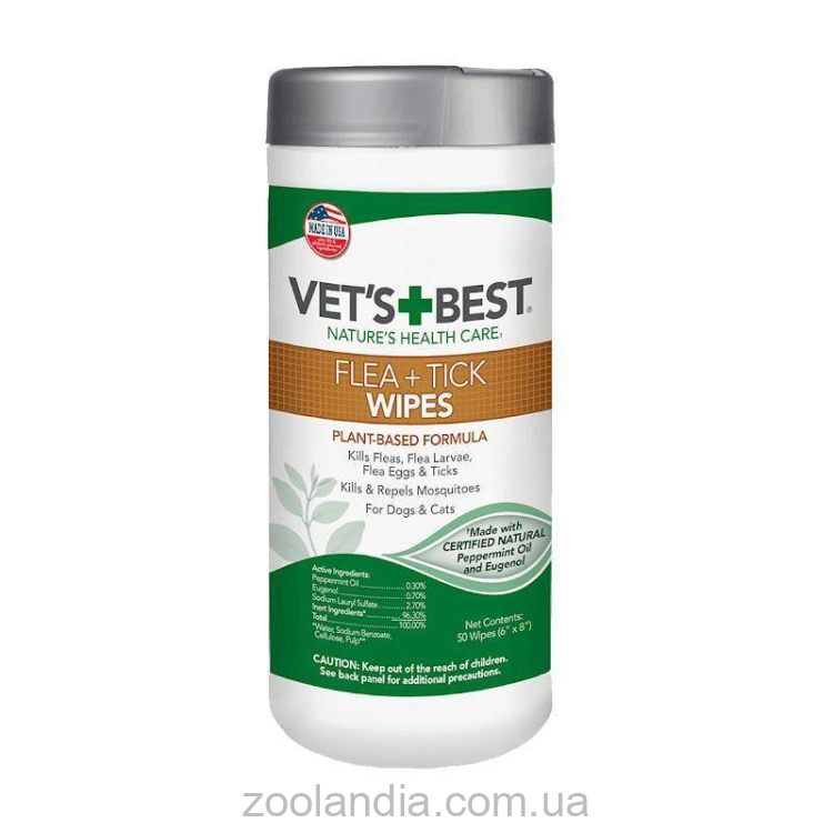 Vet`s Best (Ветс Бест) Flea&Tick Wipes - Влажные салфетки от насекомых для собак и котов