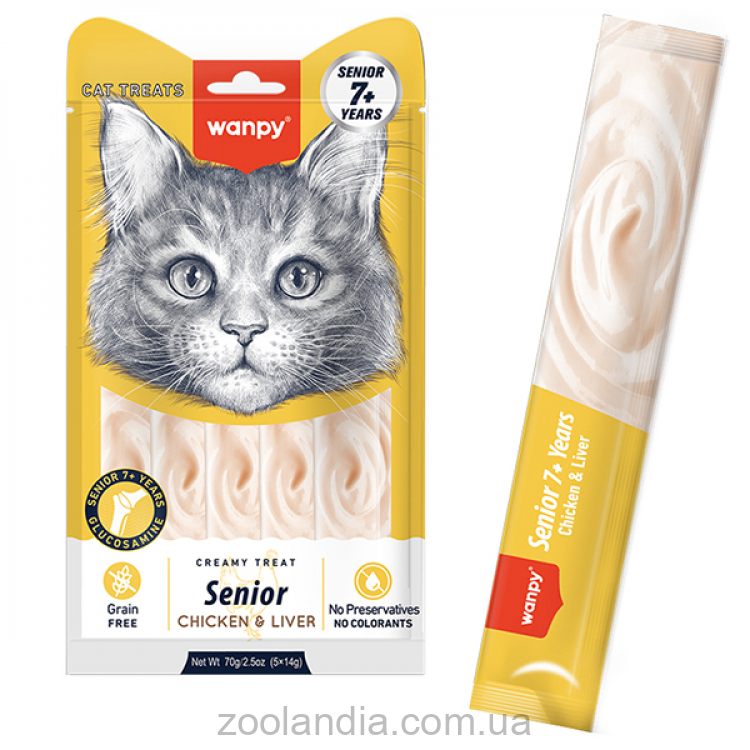 Wanpy (Ванпи) Creamy Lickable Treats Senior Chicken & Liver - Жидкое лакомство для пожилых котов (+7) курица с печенью, лактобактериями и глюкозамином