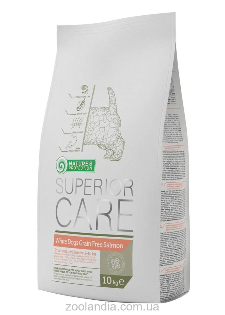 Nature's Protection (Нейчерс Протекшн) Superior Care White dogs Grain Free Salmon Adult Small and Mini Breeds – Сухой беззерновой корм для собак малых пород с белой шерстью (лосось)