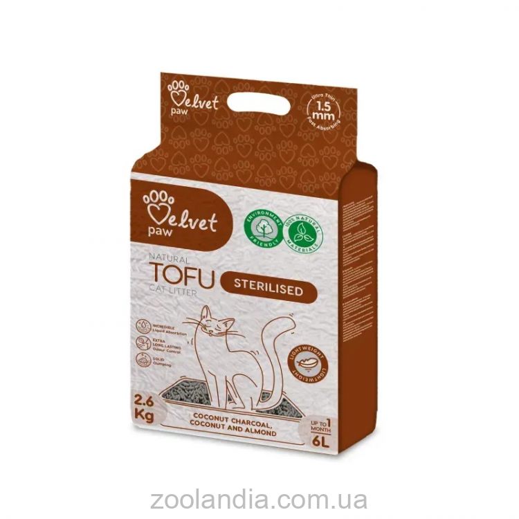 Velvet Paw TOFU Гороховый наполнитель для стерилизованных кошек, с кокосовым углем, миндальной и кокосовой эссенцией