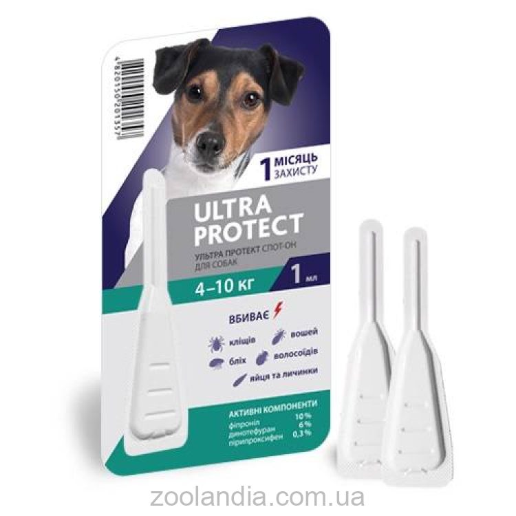 Ultra Ptotect (Ультра Протект Спот-Он) Капли на холку для собак 4 -10 кг, 1 мл, 1 пипетка
