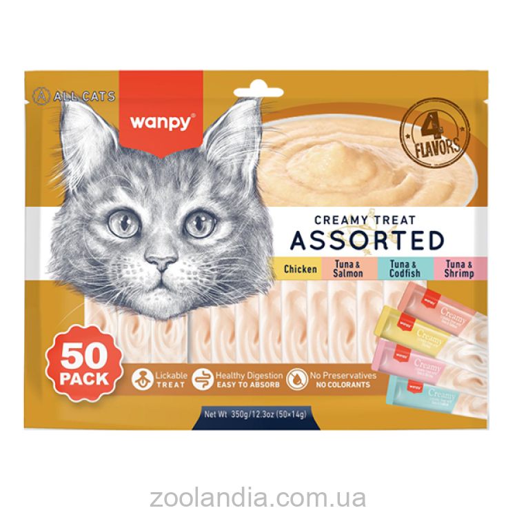 Wanpy (Ванпи) Creamy Treat Assorted - Жидкое лакомство для котов, набор микс 50шт