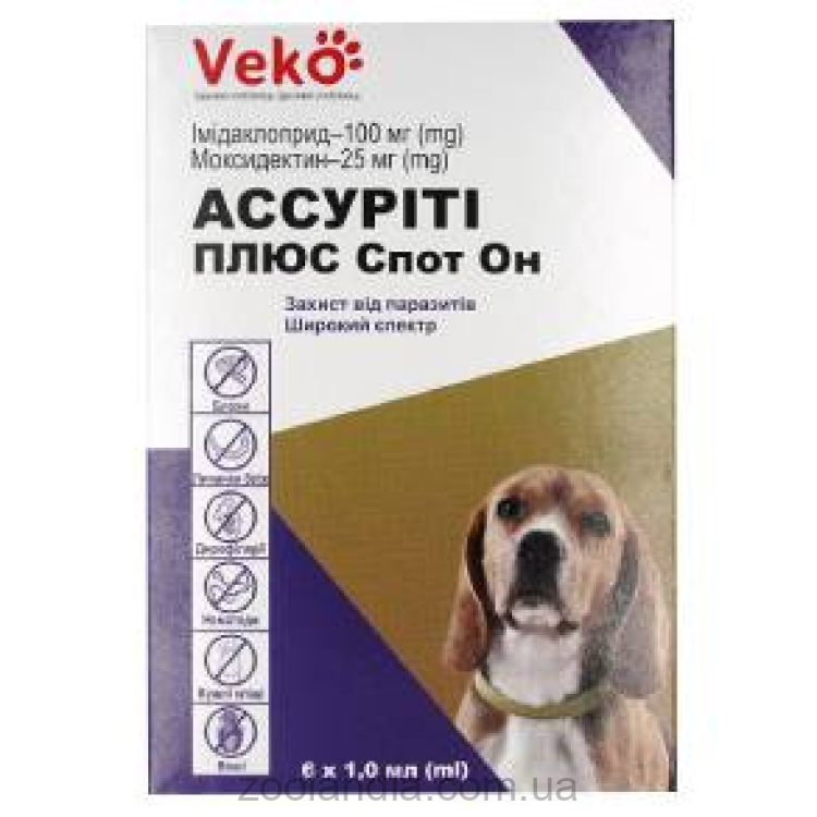 Veko (Веко) Ассурити Плюс Спот Он - Противпаразитарное средство от внутренних и внешних паразитов для собак от 4 до 10 кг (6 х 1,0 мл)