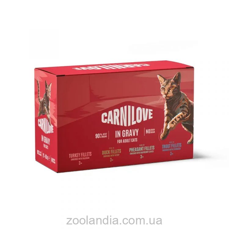 Carnilove (Карнилав) Cat Adult Jelly Multipack - Влажный беззерновой корм для взрослых кошек, набор из 4 вкусов кусочки в соусе