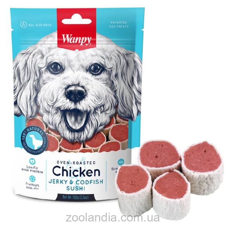 Wanpy (Ванпи) Chicken Jerky &Codfish Sushi - Лакомство с курицей и треской для собак