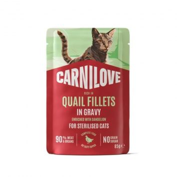 Carnilove (Карнилав) Cat Adult Gravy Quail with Dandelion Sterilised – Влажный беззерновой корм для стерилизованных кошек всех пород, перепела с одуванчиком кусочки в соусе