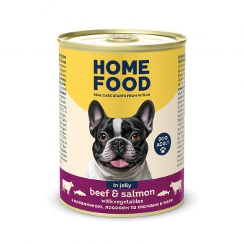 Home Food (Хом Фуд) - Полнорационный консервированный корм для взрослых собак с говядиной, лососем и овощами в желе