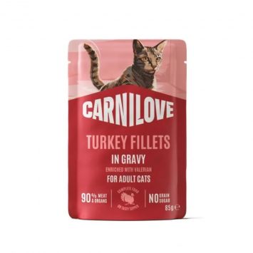 Carnilove (Карнилав) Cat Adult Gravy Turkey with Valerian – Влажный беззерновой корм для взрослых кошек всех пород, индейки с валерианой кусочки в соусе