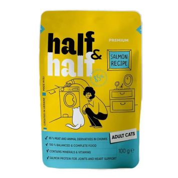Half&Half (Халф энд Халф) Влажный корм для взрослых кошек, кусочки с лососем в желе