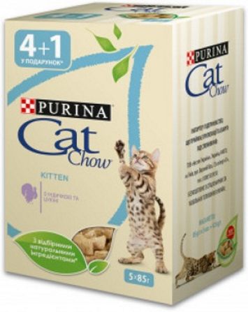 АКЦИЯ!!! 4+1 в подарок Cat Chow (Кэт Чау) Kitten Консервы для котят с индейкой и цукини в желе