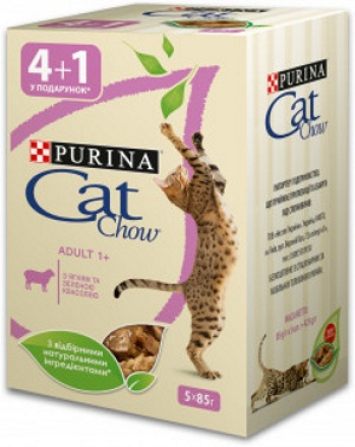 АКЦИЯ!!! 4+1 в подарок Cat Chow (Кэт Чау) Adult Консервы для взрослых кошек с ягненком и зеленой фасолью в желе