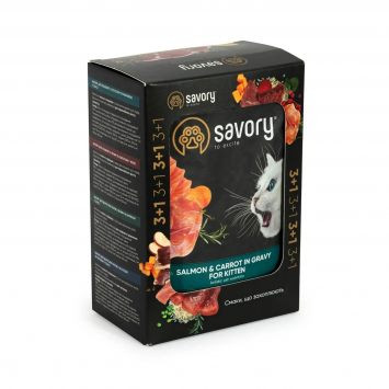 Savory (Сейвори) Набор влажных кормов "3+1" для котят кусочки лосося с морковью в соусе